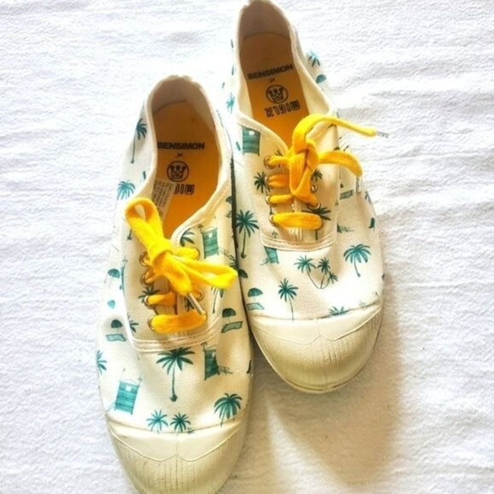 Bensimon x Minix Kids Canvas Tropical Palm Tree Sneakers Cream Teal Yellow Sz 36